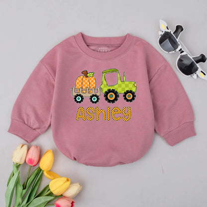 Ashley Pumpkin Tractor Bubble Romper Baby Girl Fall Outfit Personalized Thanksgiving Bodysuit Custom Name Autumn Newborn Gift