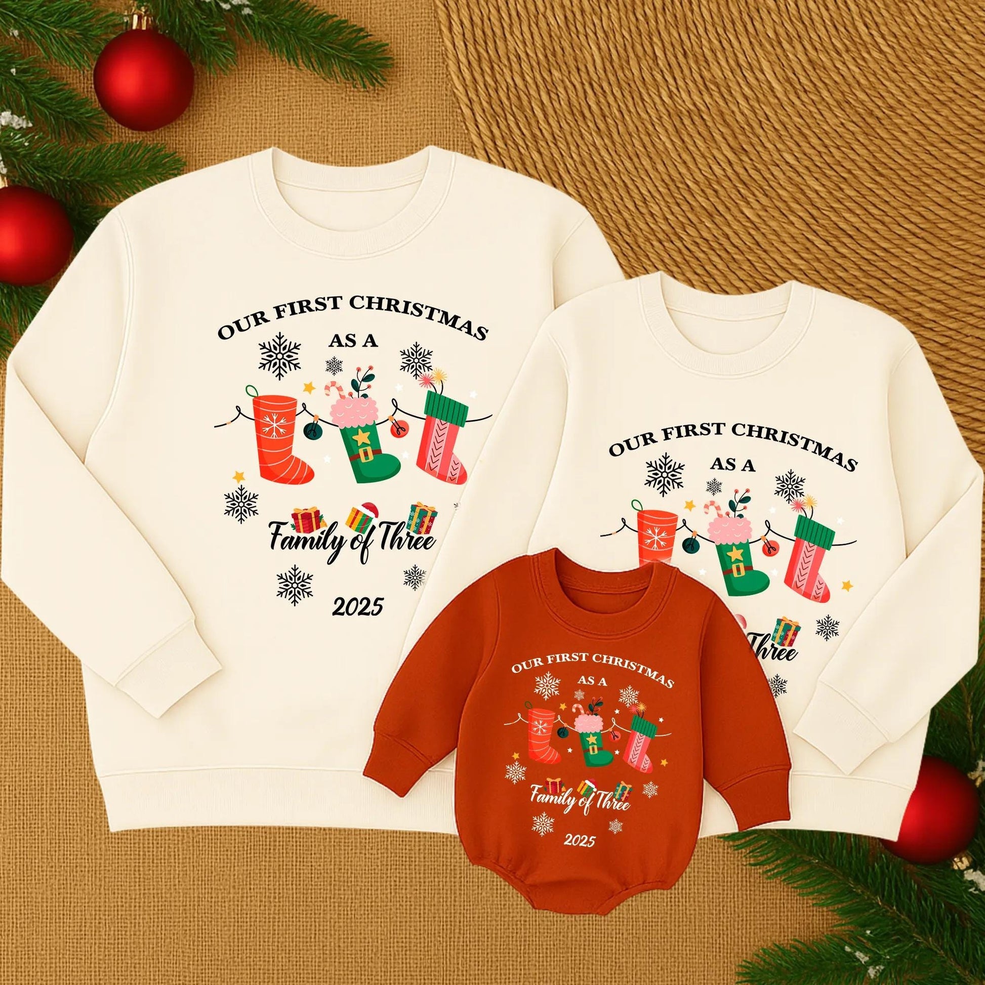 Our First Christmas Family of Three Matching Sweatshirt for Mommy Daughter Winter Holiday Cozy Family Gift