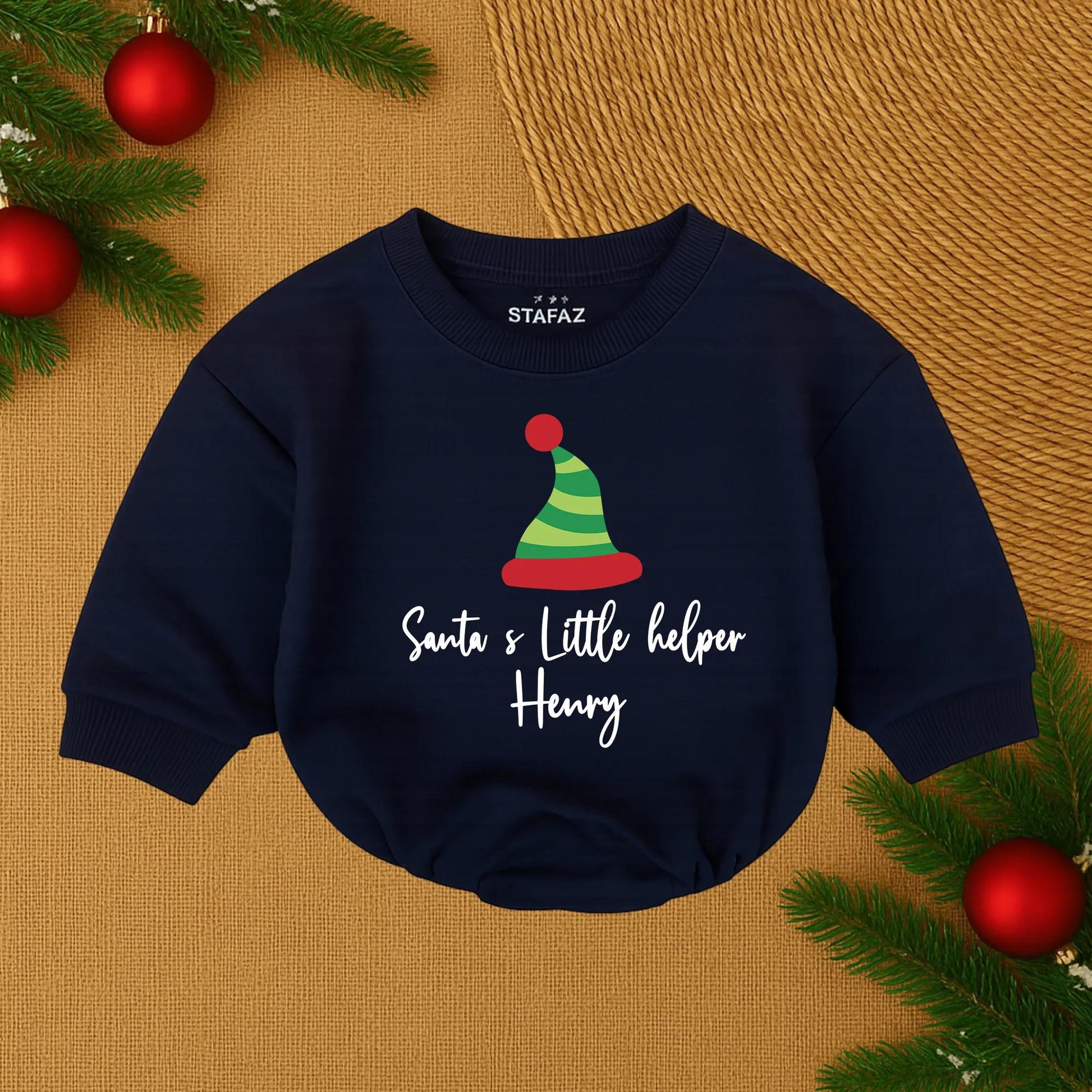 Personalized Santa's Little Helper Romper, Cute Christmas Baby Outfit, Funny Holiday Bodysuit, Green & Red Hat Design, Custom Name Infant Clothes (138 chars)