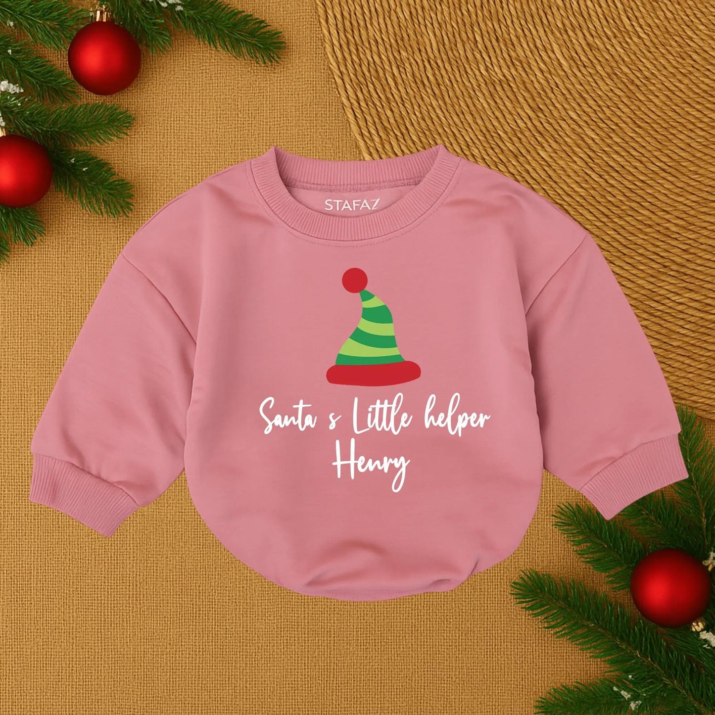 Personalized Santa's Little Helper Romper, Cute Christmas Baby Outfit, Funny Holiday Bodysuit, Green & Red Hat Design, Custom Name Infant Clothes (138 chars)