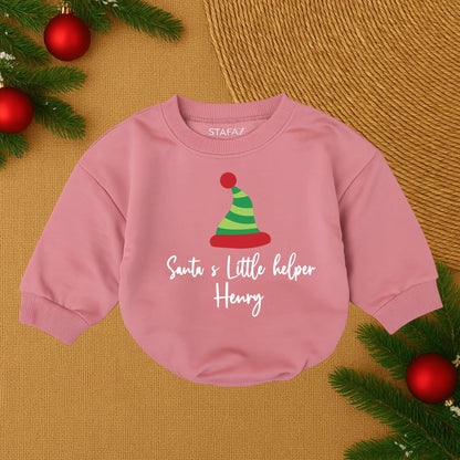 Personalized Santa's Little Helper Romper, Cute Christmas Baby Outfit, Funny Holiday Bodysuit, Green & Red Hat Design, Custom Name Infant Clothes (138 chars)