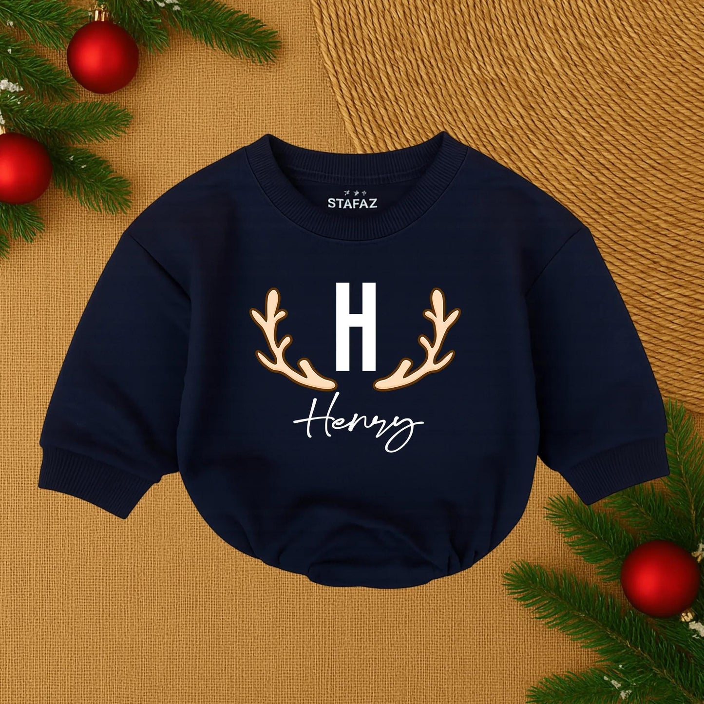Personalized Henry Christmas Outfit Baby Boy Deer Bodysuit Antler Initial Newborn Gift  Hunting Theme Name Romper First Xmas  Sweater Soft Cotton 138 chars