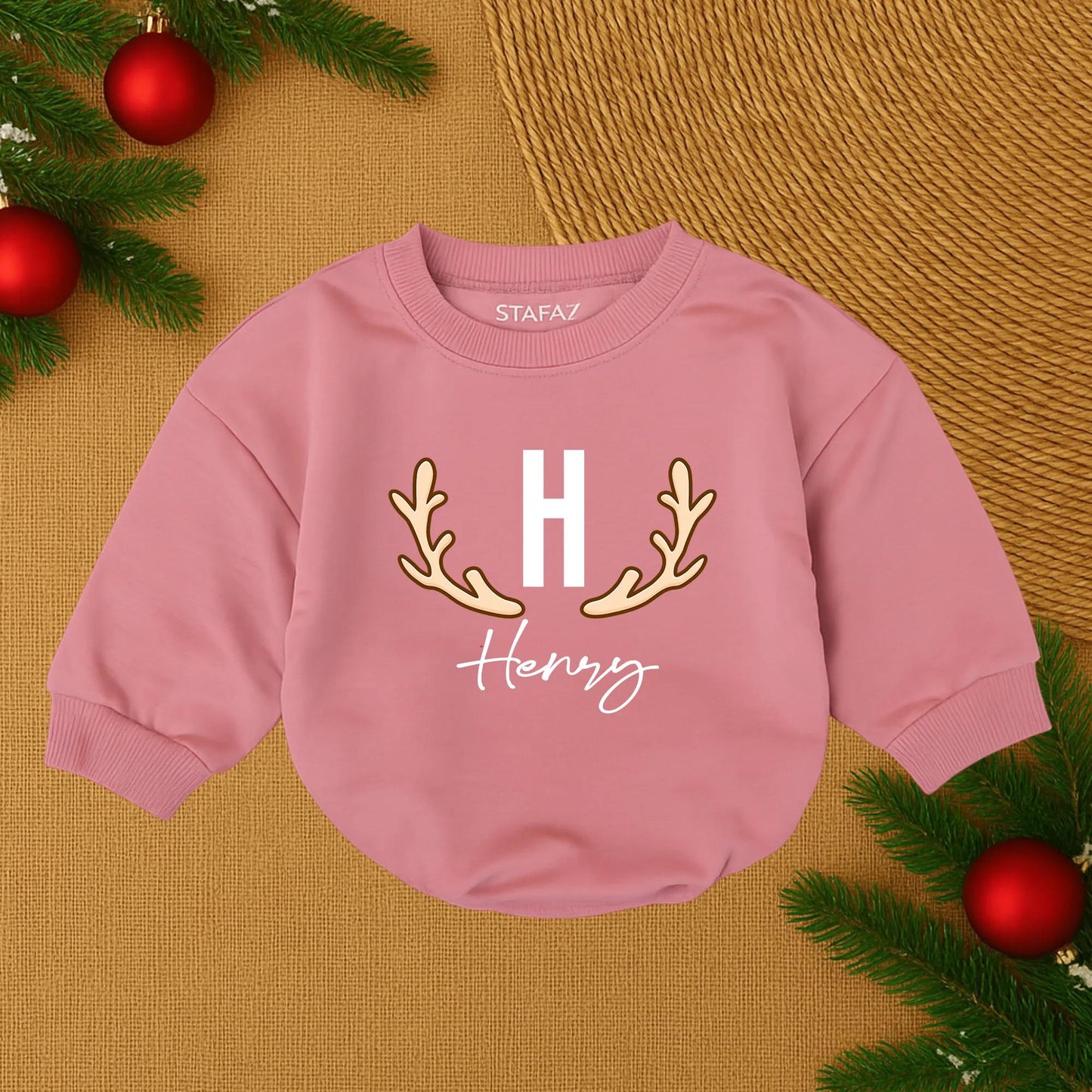 Personalized Henry Christmas Outfit Baby Boy Deer Bodysuit Antler Initial Newborn Gift  Hunting Theme Name Romper First Xmas  Sweater Soft Cotton 138 chars