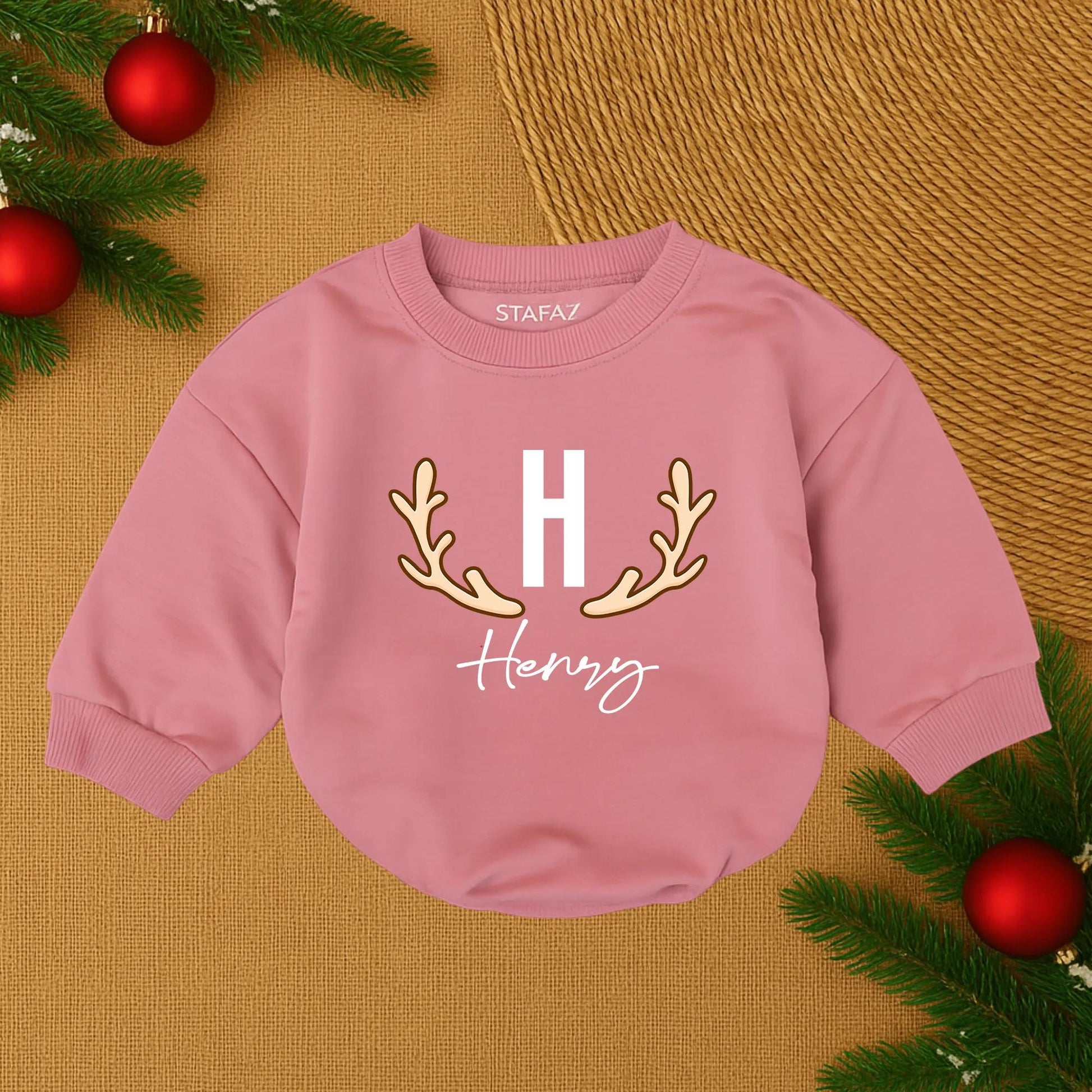 Personalized Henry Christmas Outfit Baby Boy Deer Bodysuit Antler Initial Newborn Gift  Hunting Theme Name Romper First Xmas  Sweater Soft Cotton 138 chars