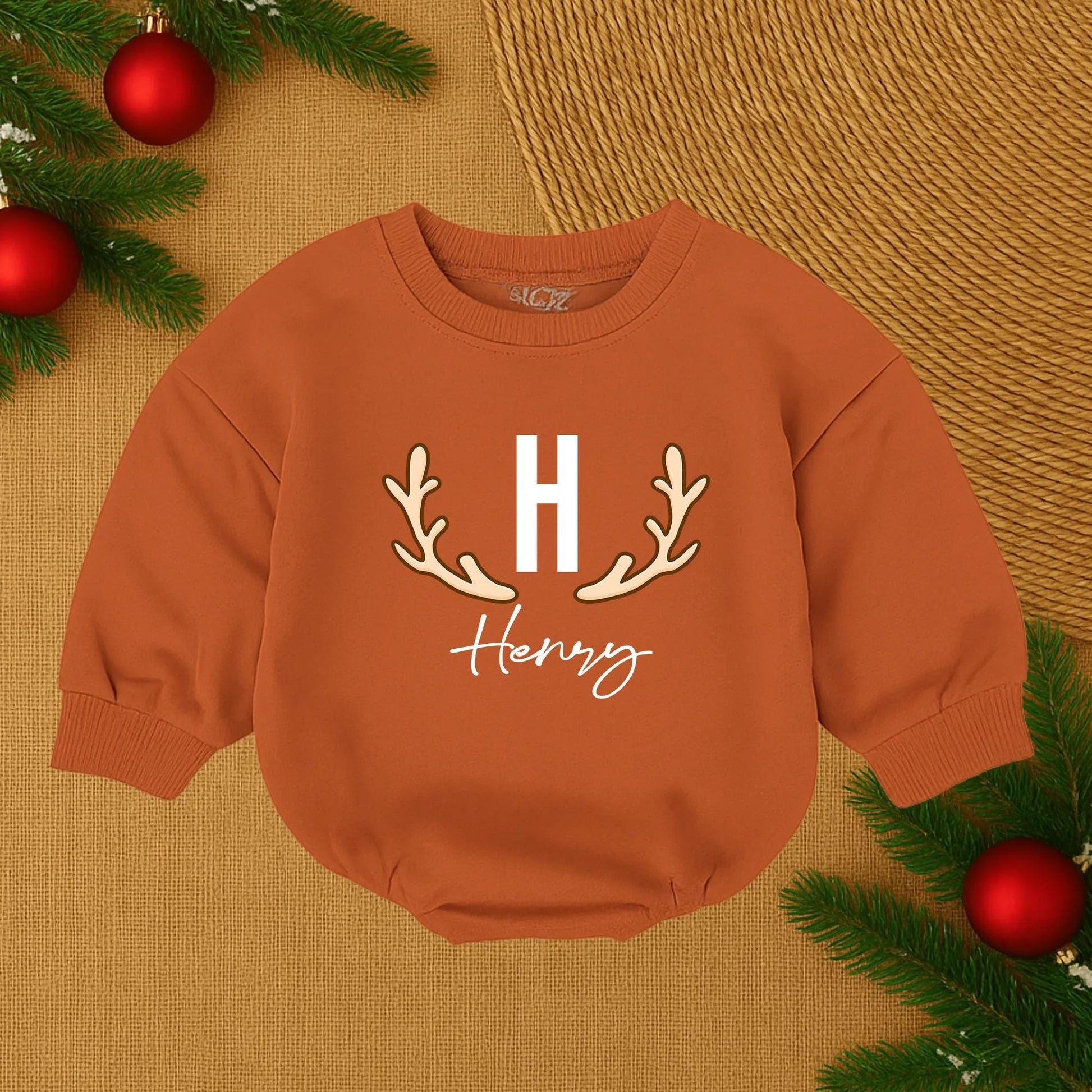 Personalized Henry Christmas Outfit Baby Boy Deer Bodysuit Antler Initial Newborn Gift  Hunting Theme Name Romper First Xmas  Sweater Soft Cotton 138 chars