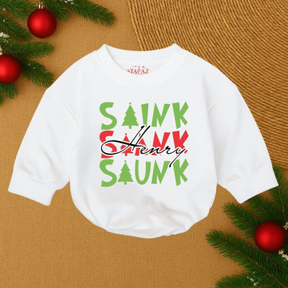 Henry's First Christmas Romper: Personalized Baby Boy Outfit with Playful Green & Red Lettering & Christmas Tree Details, Sweet Infant Holiday Gift (138 chars)