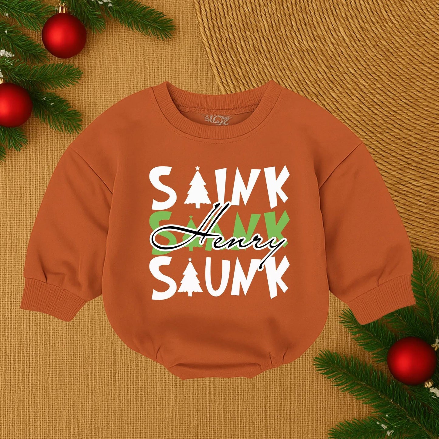 Henry's First Christmas Romper: Personalized Baby Boy Outfit with Playful Green & Red Lettering & Christmas Tree Details, Sweet Infant Holiday Gift (138 chars)