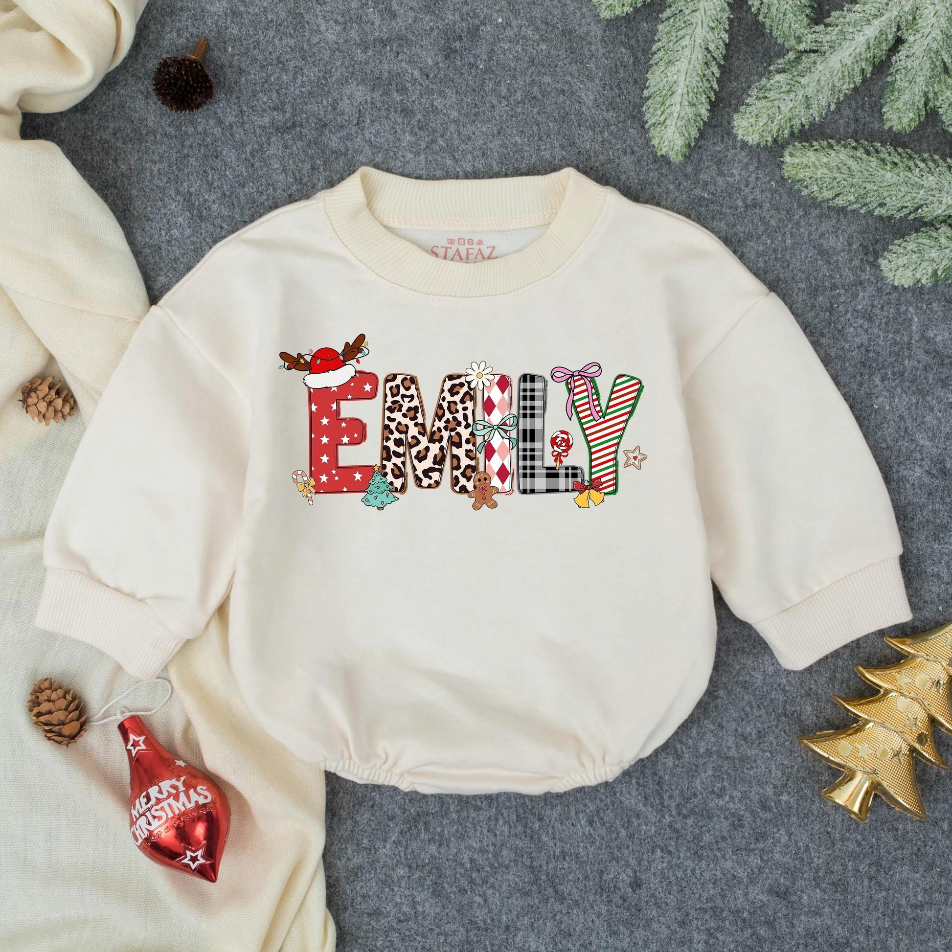 Personalized Emily Christmas Bubble Romper Custom Name Baby Girl Outfit Festive Holiday Toddler Gift for First Christmas Celebration