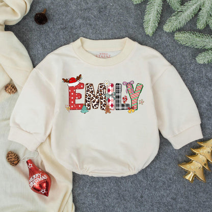 Personalized Emily Christmas Bubble Romper Custom Name Baby Girl Outfit Festive Holiday Toddler Gift for First Christmas Celebration