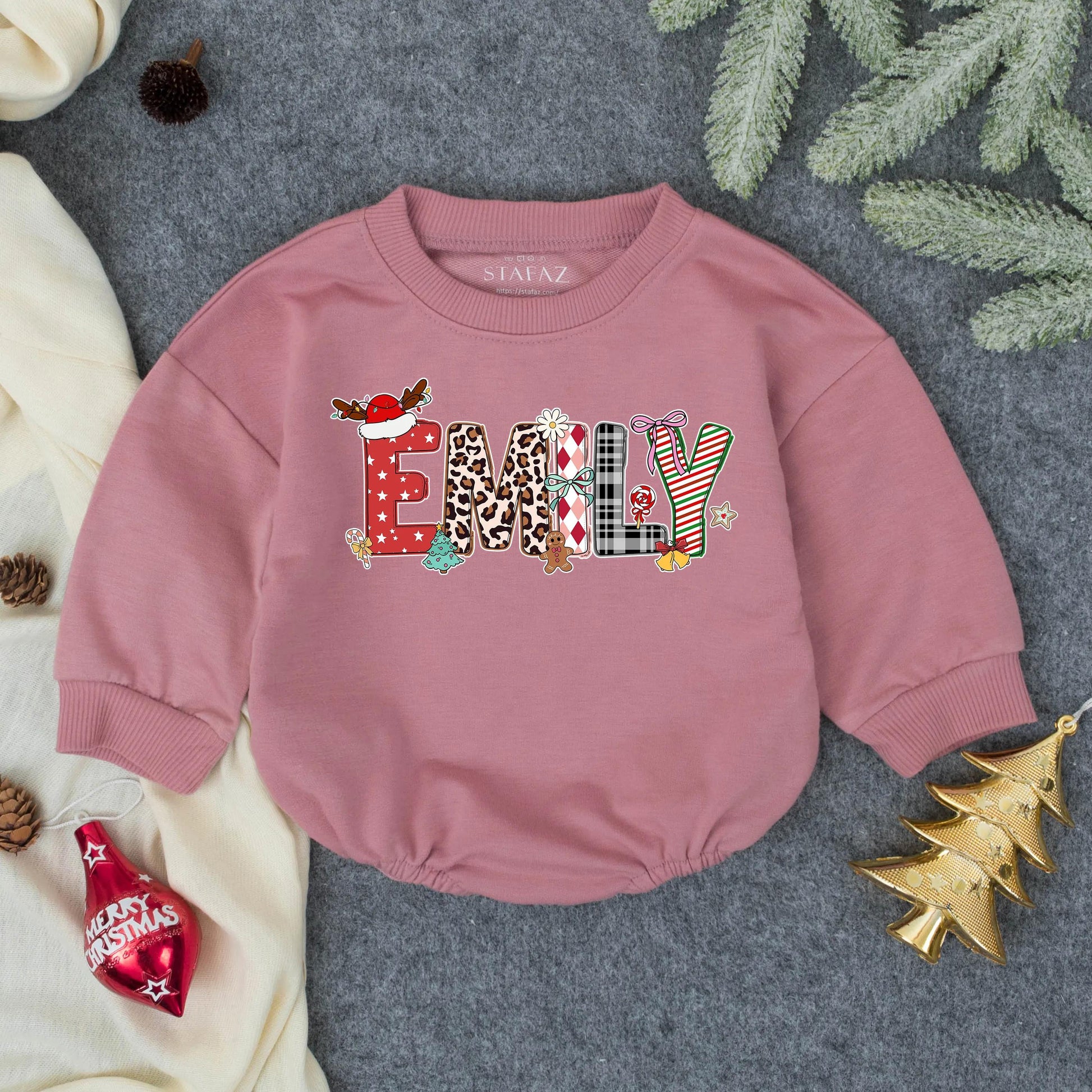 Personalized Emily Christmas Bubble Romper Custom Name Baby Girl Outfit Festive Holiday Toddler Gift for First Christmas Celebration