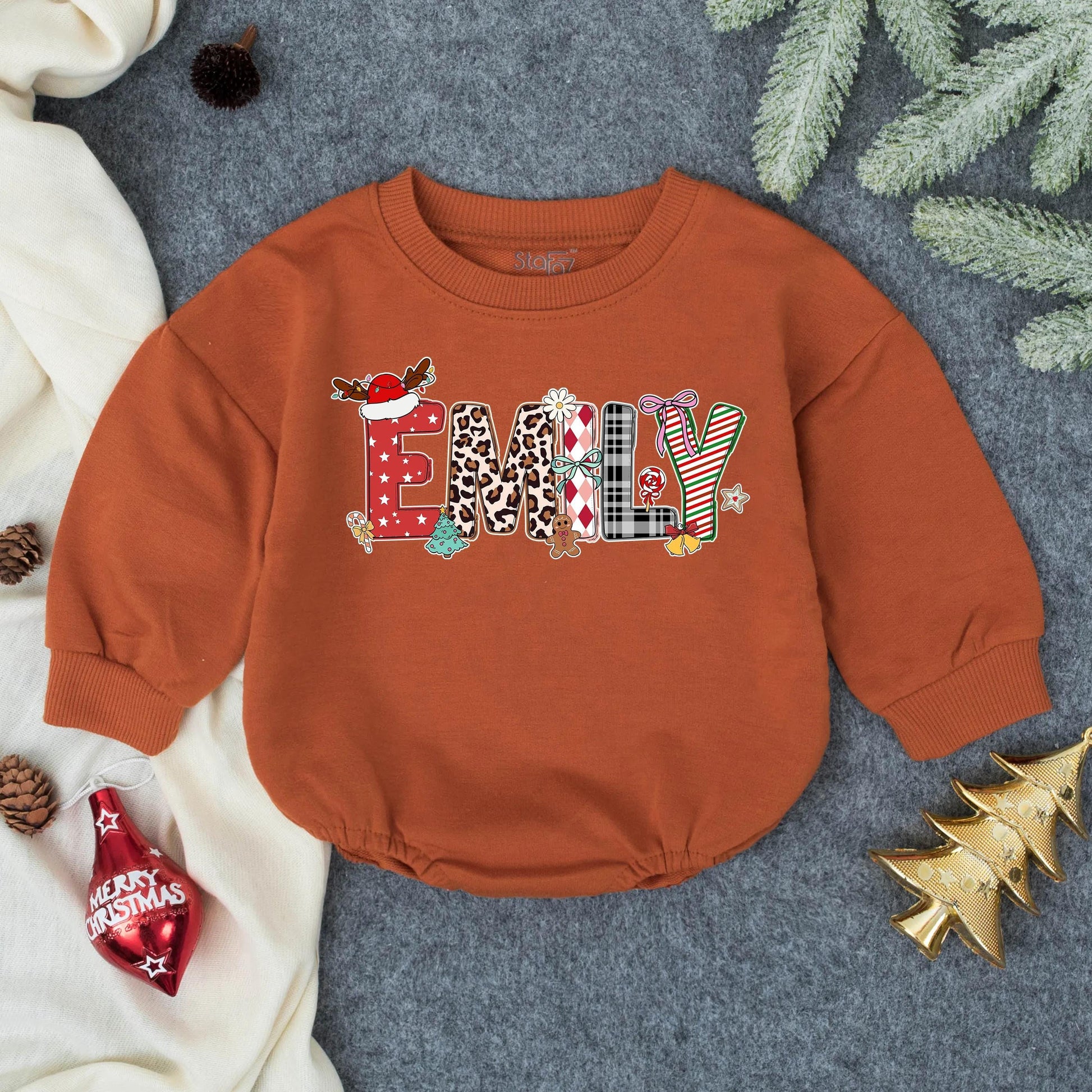 Personalized Emily Christmas Bubble Romper Custom Name Baby Girl Outfit Festive Holiday Toddler Gift for First Christmas Celebration