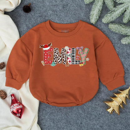 Personalized Emily Christmas Bubble Romper Custom Name Baby Girl Outfit Festive Holiday Toddler Gift for First Christmas Celebration