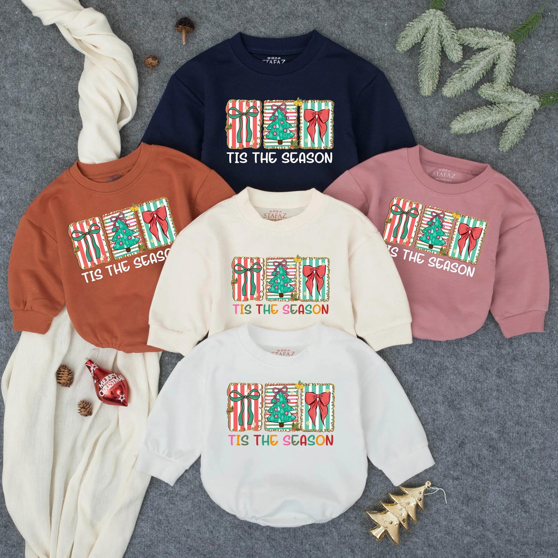 Tis The Season Christmas Romper, Girly Holiday Bow Outfit, Newborn Infant Clothes, Baby Girl Bubble Romper, Decorated Xmas Tree Stripes Cute Xmas Party (139 chars)