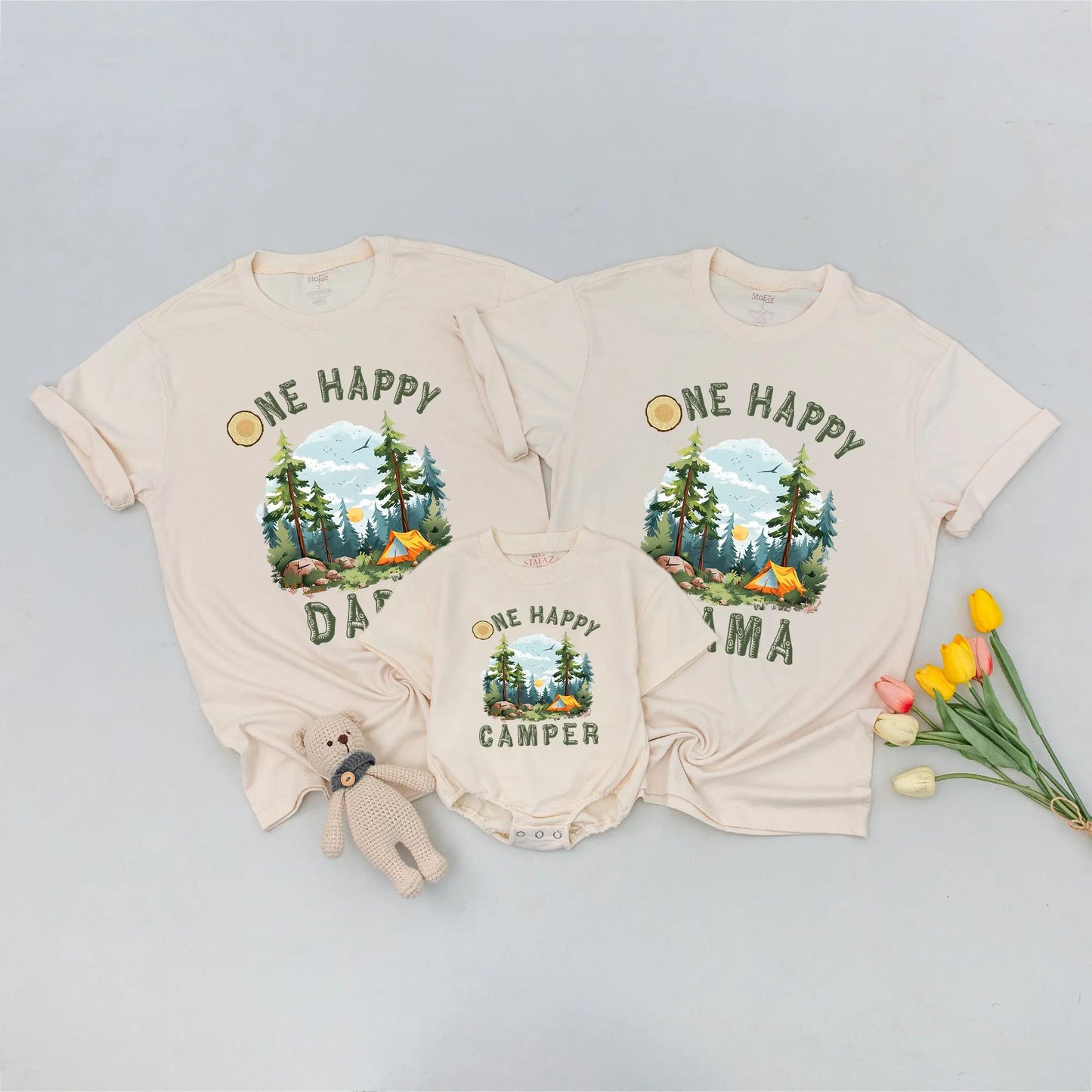 One Happy Camper Family Matching Shirt, Camping Birthday Outfit, Outdoor Adventure Tee, First Birthday Boy or Girl, Rustic Trees & Tent, Cute Camping Tee