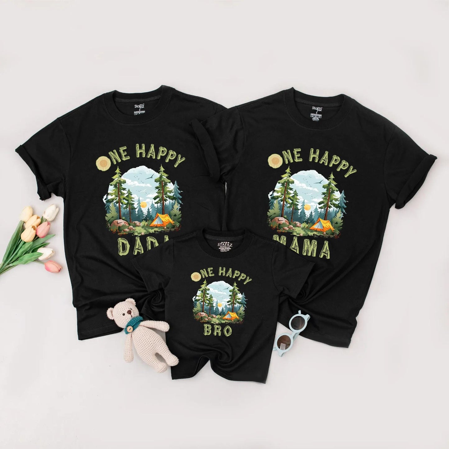 One Happy Camper Family Matching Shirt, Camping Birthday Outfit, Outdoor Adventure Tee, First Birthday Boy or Girl, Rustic Trees & Tent, Cute Camping Tee