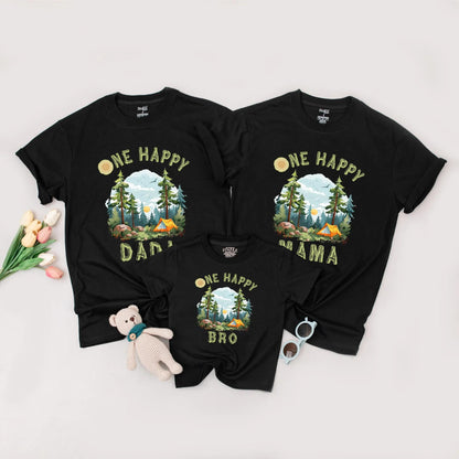 One Happy Camper Family Matching Shirt, Camping Birthday Outfit, Outdoor Adventure Tee, First Birthday Boy or Girl, Rustic Trees & Tent, Cute Camping Tee