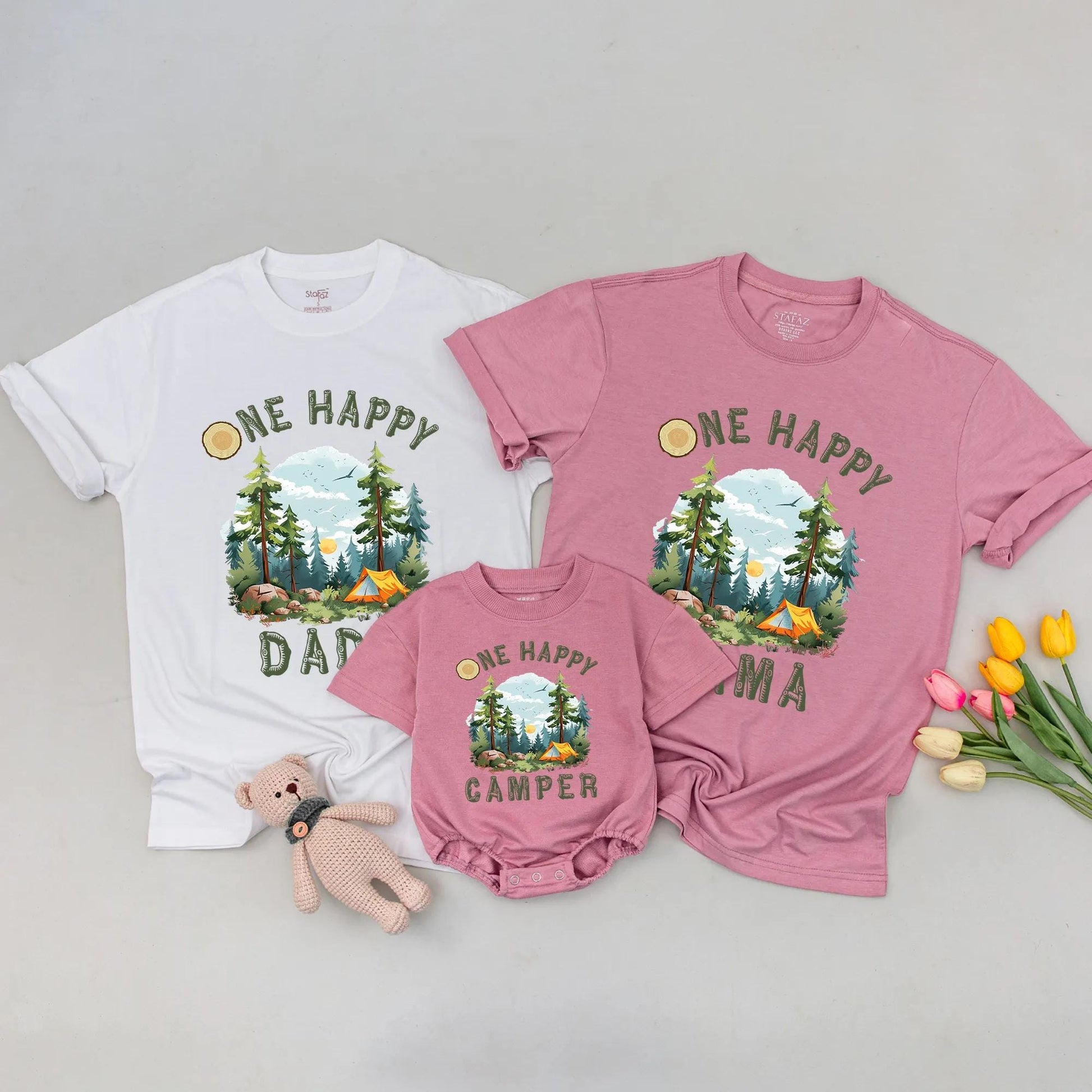 One Happy Camper Family Matching Shirt, Camping Birthday Outfit, Outdoor Adventure Tee, First Birthday Boy or Girl, Rustic Trees & Tent, Cute Camping Tee