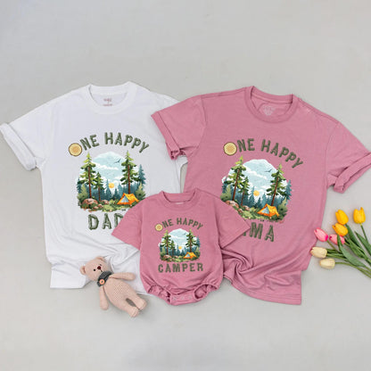 One Happy Camper Family Matching Shirt, Camping Birthday Outfit, Outdoor Adventure Tee, First Birthday Boy or Girl, Rustic Trees & Tent, Cute Camping Tee