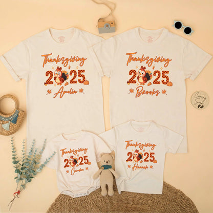 Matching Family Thanksgiving 2025 Shirts, Custom Name Turkey Tees, Personalized Fall Holiday Outfit, Pumpkins, Leaves, Acorns, Orange Script Design (138)