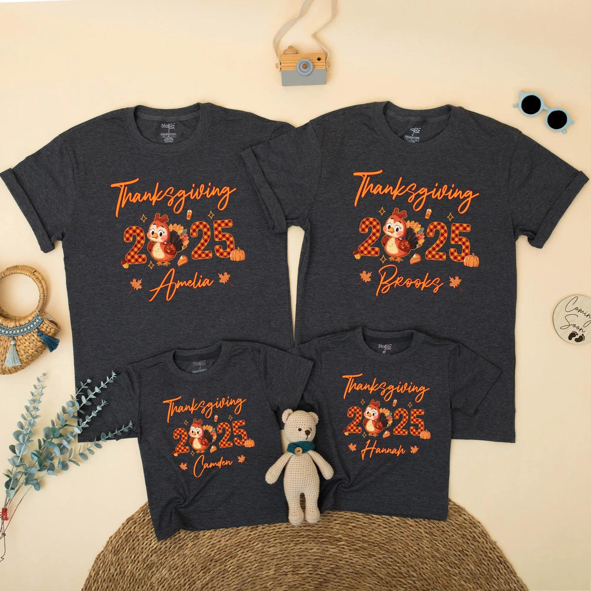 Matching Family Thanksgiving 2025 Shirts, Custom Name Turkey Tees, Personalized Fall Holiday Outfit, Pumpkins, Leaves, Acorns, Orange Script Design (138)