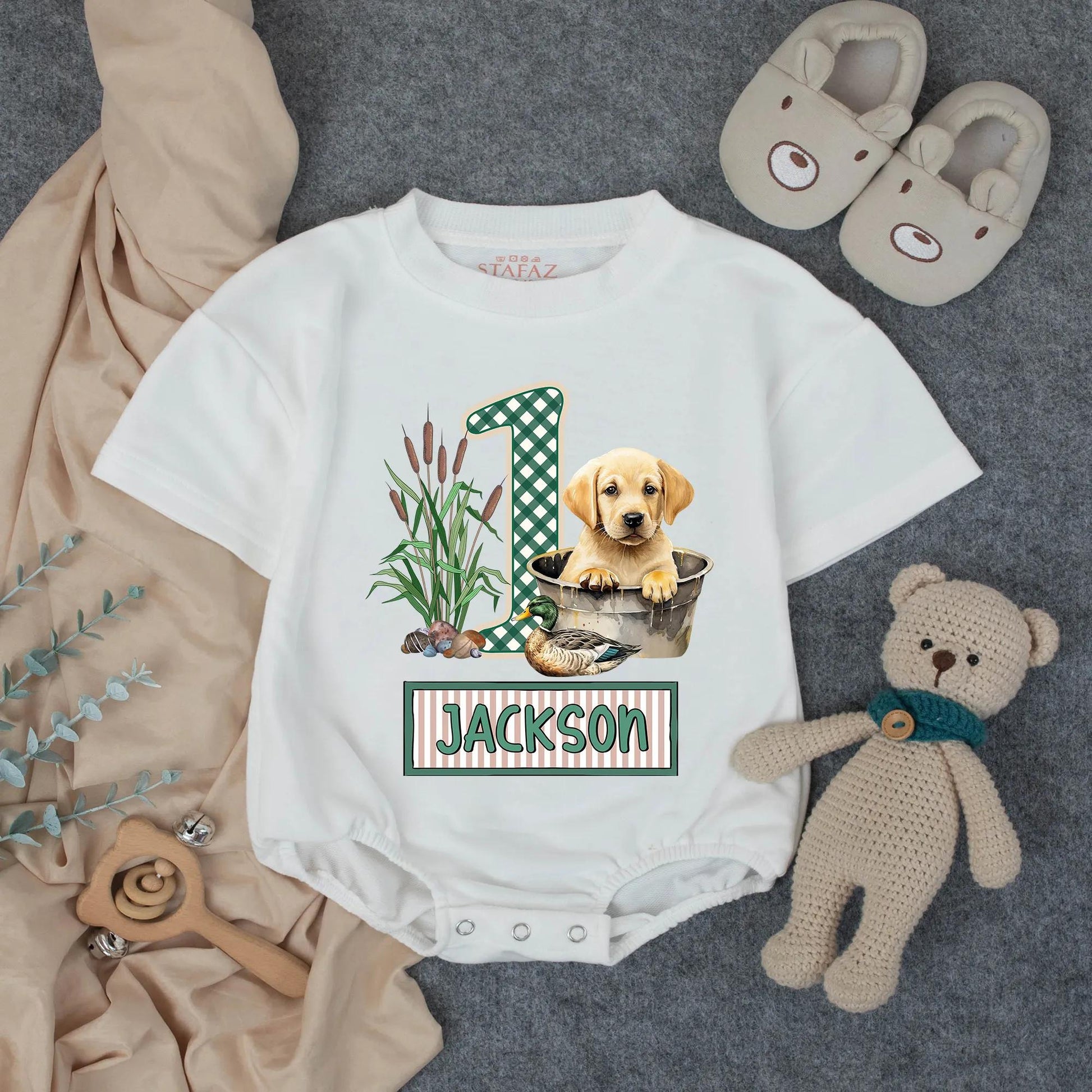 Custom Name Lab Dog Mallard Duck Hunting Baby Romper Plaid Number 1 Southern Infant Outfit Cartoon Boy Design Gift