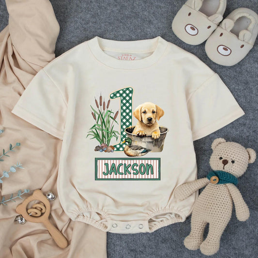 Custom Name Lab Dog Mallard Duck Hunting Baby Romper Plaid Number 1 Southern Infant Outfit Cartoon Boy Design Gift