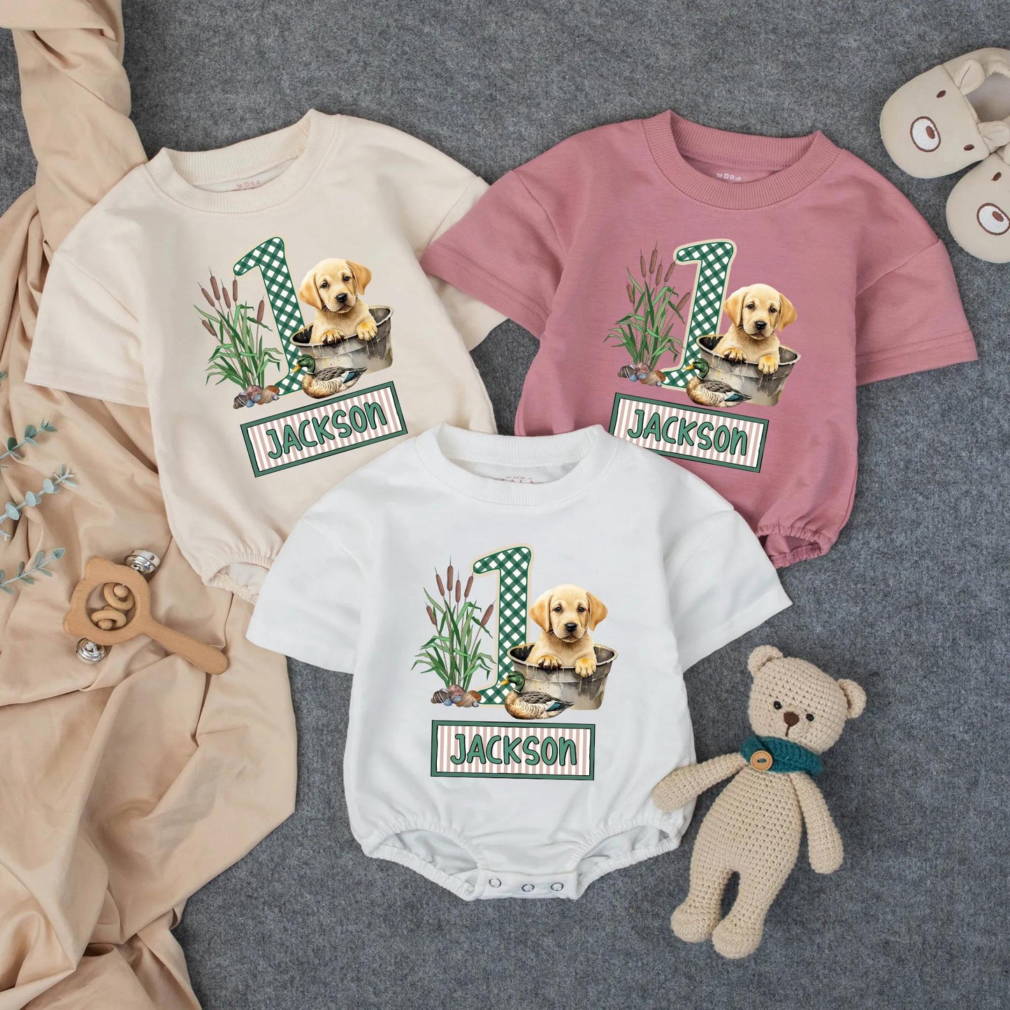 Custom Name Lab Dog Mallard Duck Hunting Baby Romper Plaid Number 1 Southern Infant Outfit Cartoon Boy Design Gift