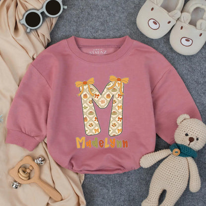 Personalized Pumpkin Madelynn Bubble Romper, First Thanksgiving Outfit, Baby Girl Fall Clothes, Custom Autumn Initial Romper, Preppy Thanksgiving Costume