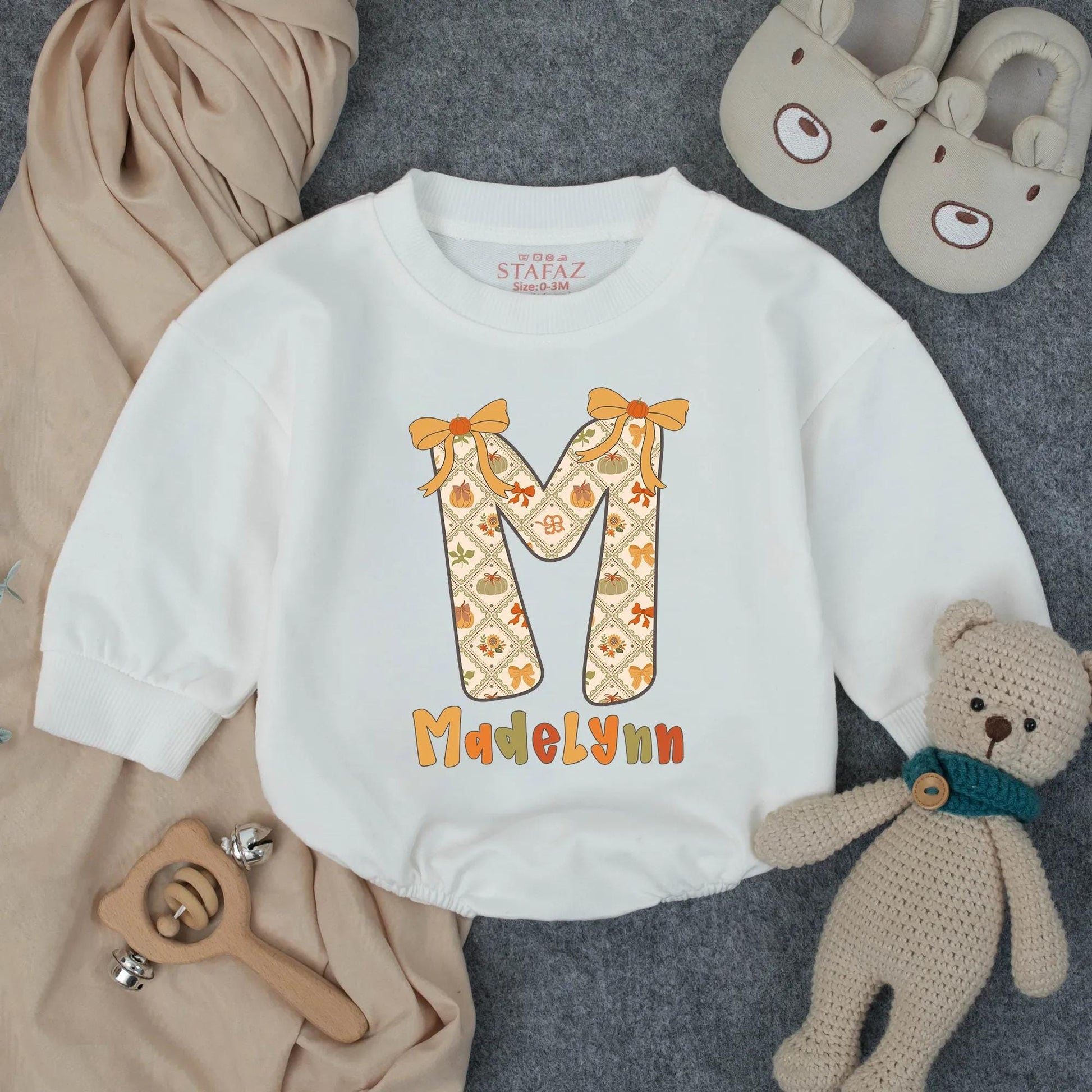 Personalized Pumpkin Madelynn Bubble Romper, First Thanksgiving Outfit, Baby Girl Fall Clothes, Custom Autumn Initial Romper, Preppy Thanksgiving Costume
