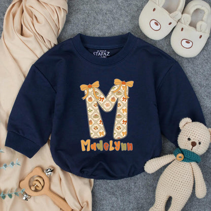 Personalized Pumpkin Madelynn Bubble Romper, First Thanksgiving Outfit, Baby Girl Fall Clothes, Custom Autumn Initial Romper, Preppy Thanksgiving Costume
