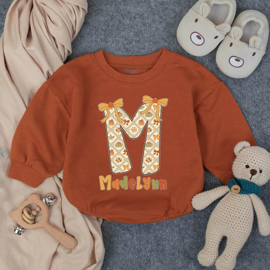 Personalized Pumpkin Madelynn Bubble Romper, First Thanksgiving Outfit, Baby Girl Fall Clothes, Custom Autumn Initial Romper, Preppy Thanksgiving Costume