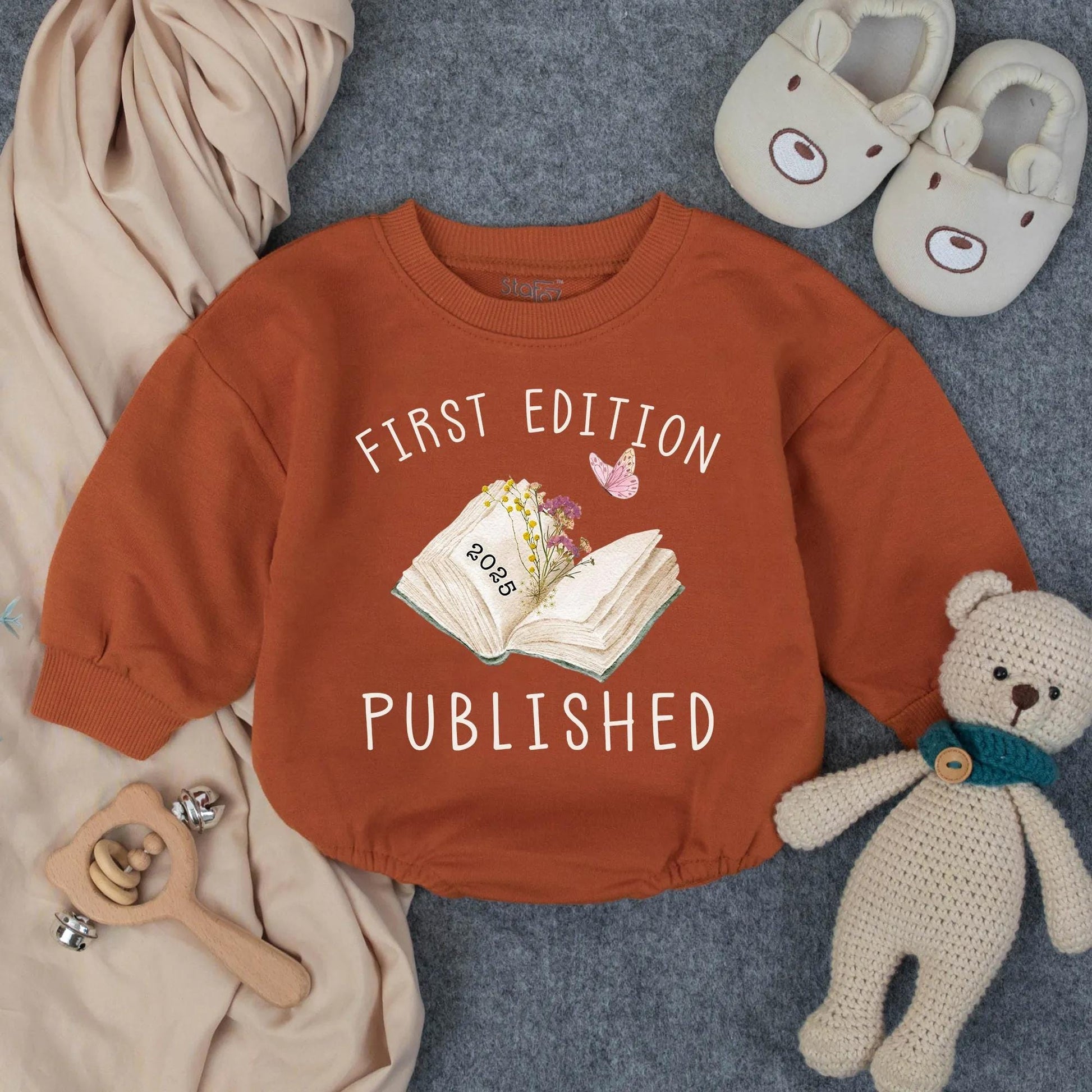 First Edition 2025 Baby Romper: Whimsical Open Book Design, Published Newborn Outfit, Cute Butterfly Bodysuit, Unique Baby Shower Gift (139 chars)