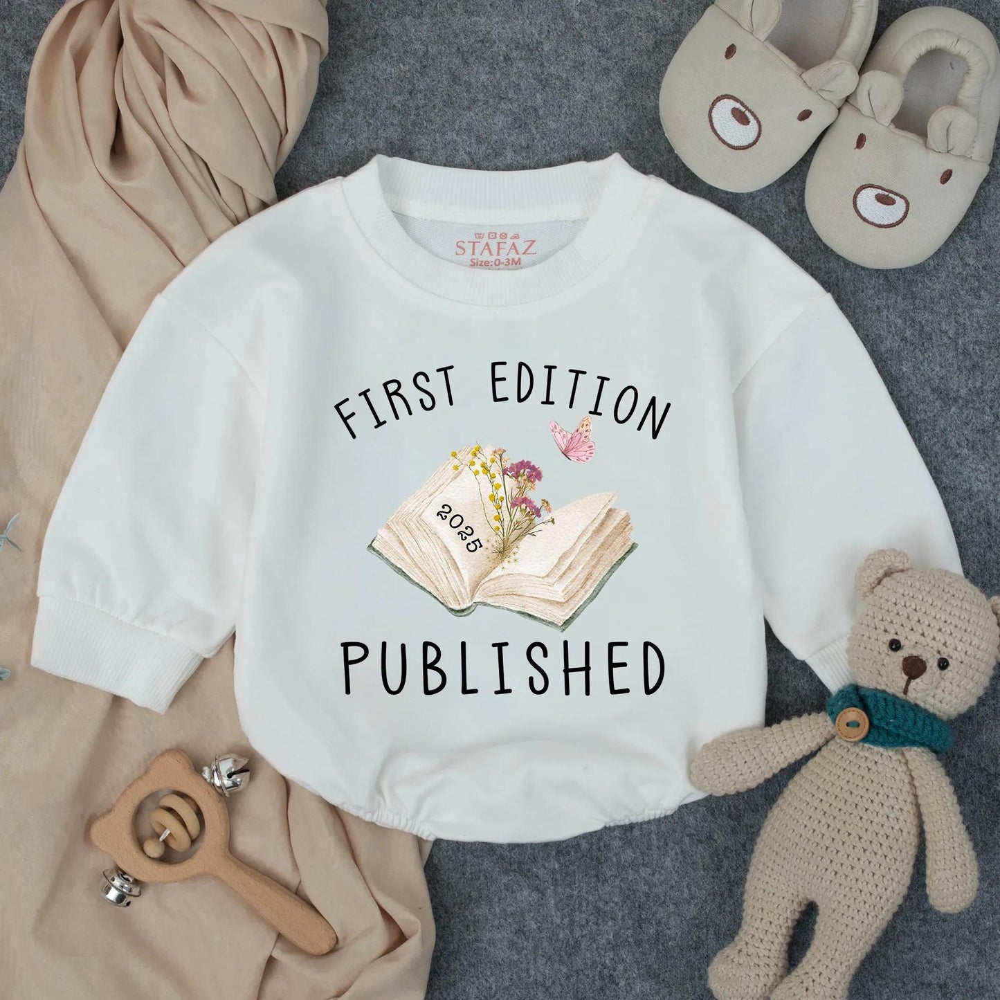 First Edition 2025 Baby Romper: Whimsical Open Book Design, Published Newborn Outfit, Cute Butterfly Bodysuit, Unique Baby Shower Gift (139 chars)