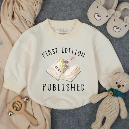 First Edition 2025 Baby Romper: Whimsical Open Book Design, Published Newborn Outfit, Cute Butterfly Bodysuit, Unique Baby Shower Gift (139 chars)