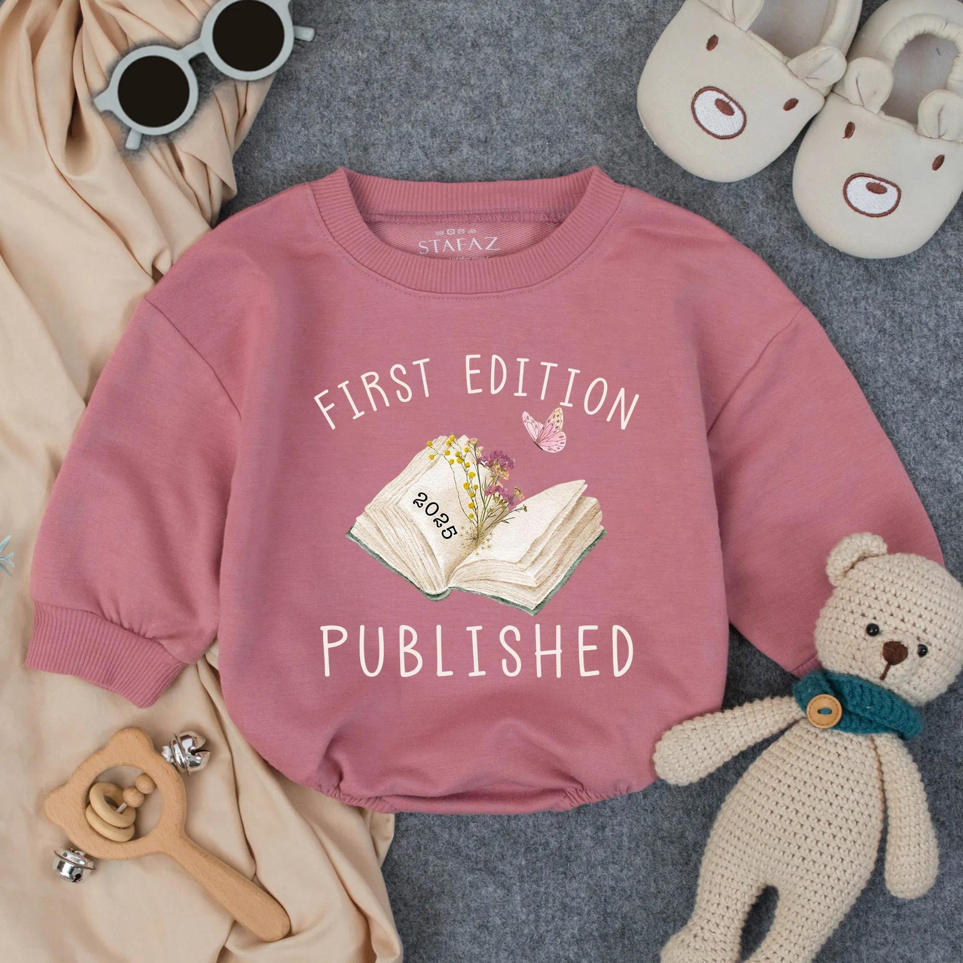 First Edition 2025 Baby Romper: Whimsical Open Book Design, Published Newborn Outfit, Cute Butterfly Bodysuit, Unique Baby Shower Gift (139 chars)