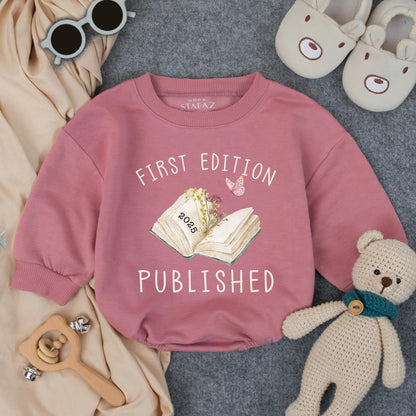First Edition 2025 Baby Romper: Whimsical Open Book Design, Published Newborn Outfit, Cute Butterfly Bodysuit, Unique Baby Shower Gift (139 chars)