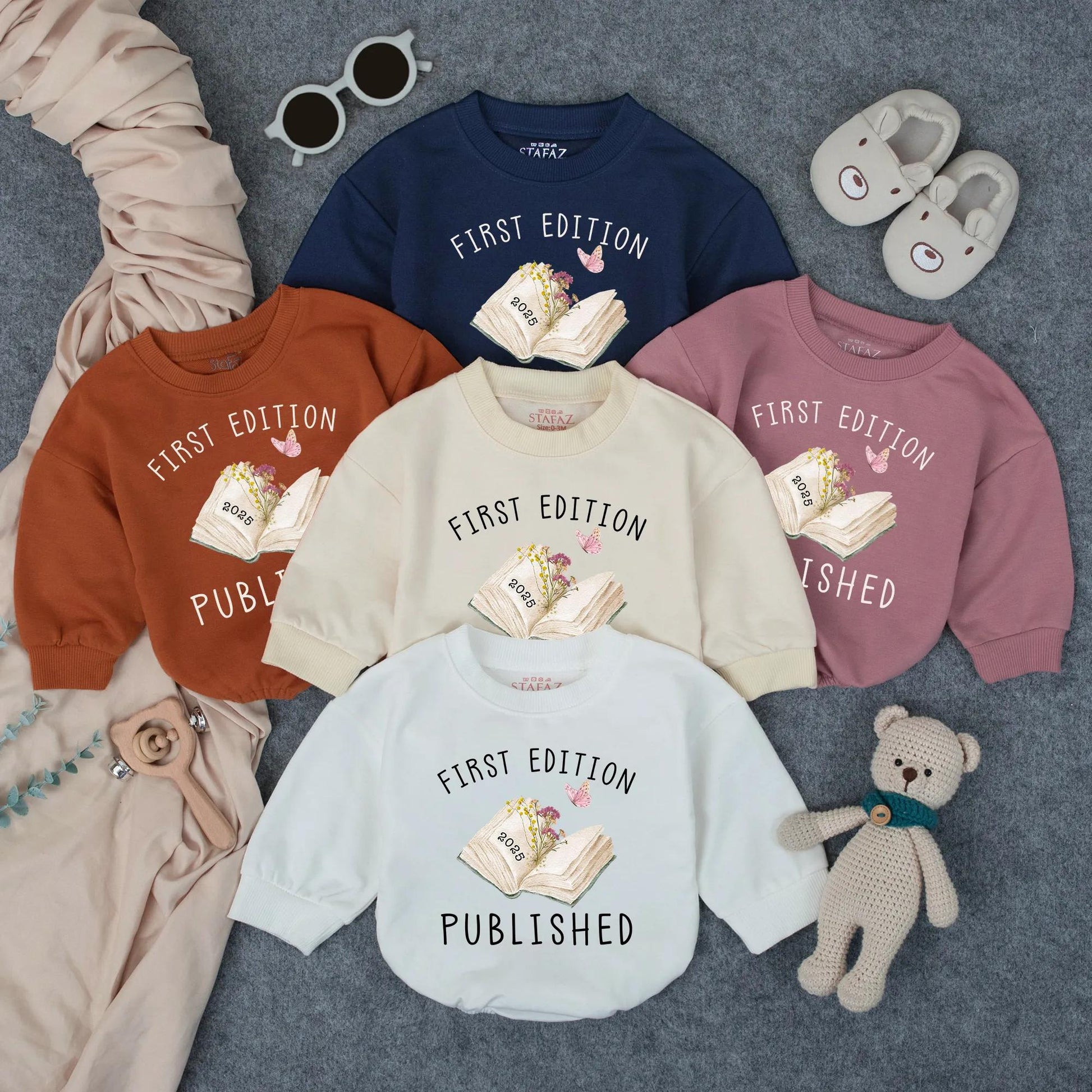 First Edition 2025 Baby Romper: Whimsical Open Book Design, Published Newborn Outfit, Cute Butterfly Bodysuit, Unique Baby Shower Gift (139 chars)