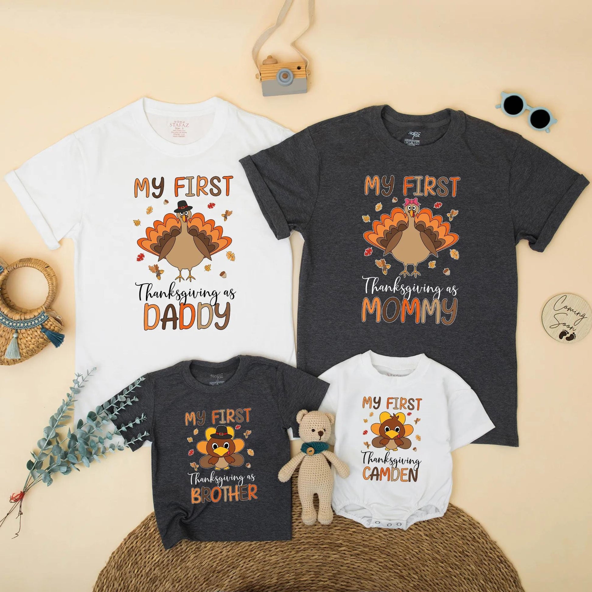 Personalized My First Thanksgiving Family Matching Shirts, Baby Turkey Outfit, Fall Gift for Daddy Mommy Brother, Cute & Whimsical Design
