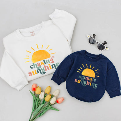 Mama's Sunshine Matching Sweatshirt Set, Retro Mommy & Me Outfit, New Mom Gift, Vintage Inspired Baby and Me Shirts, Peach, Yellow & Green Sun 138 chars