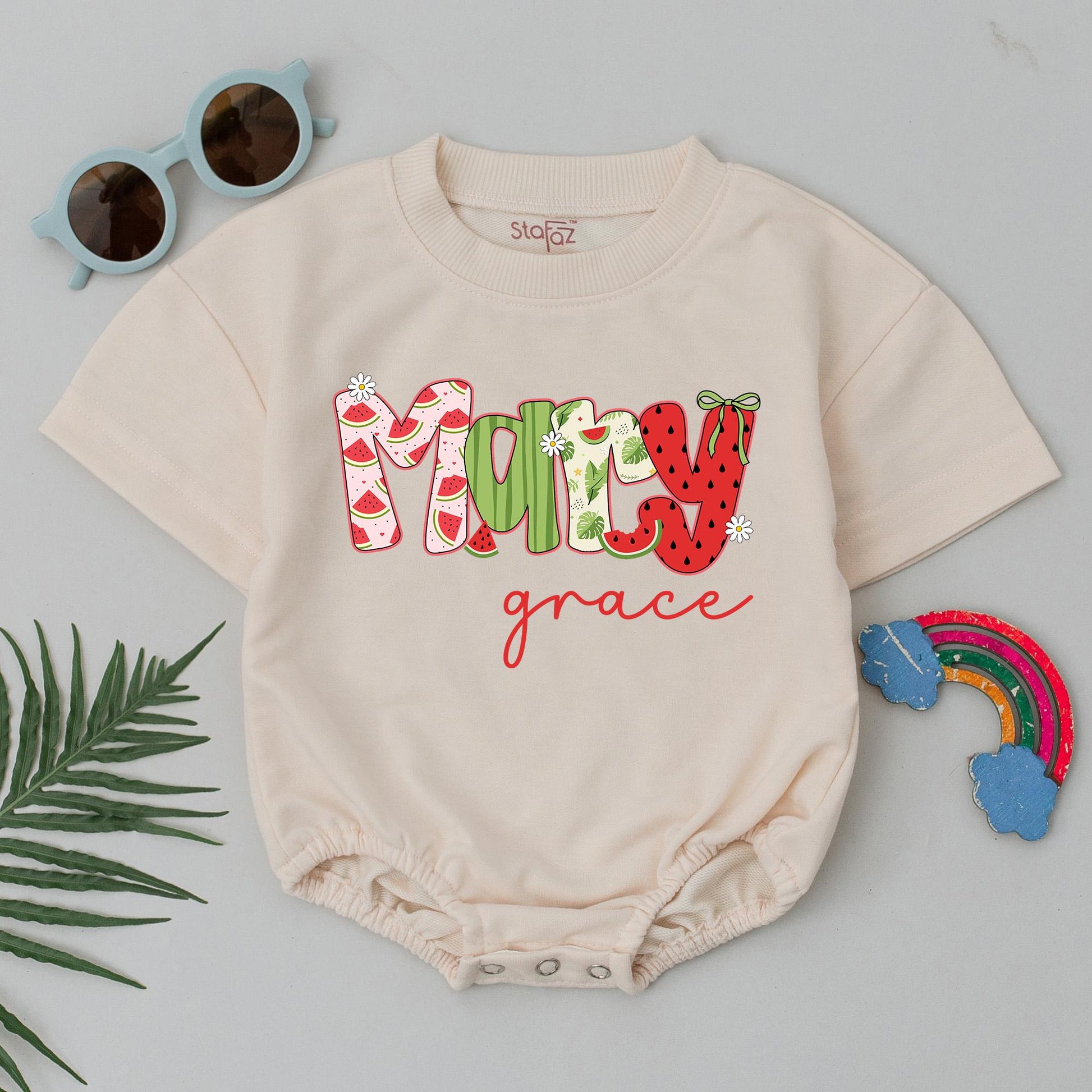 Personalized Mary Grace Baby Bubble Romper Summer Outfit Watermelon Fruit Design Custom Birthday Gift Baby Girl Clothes