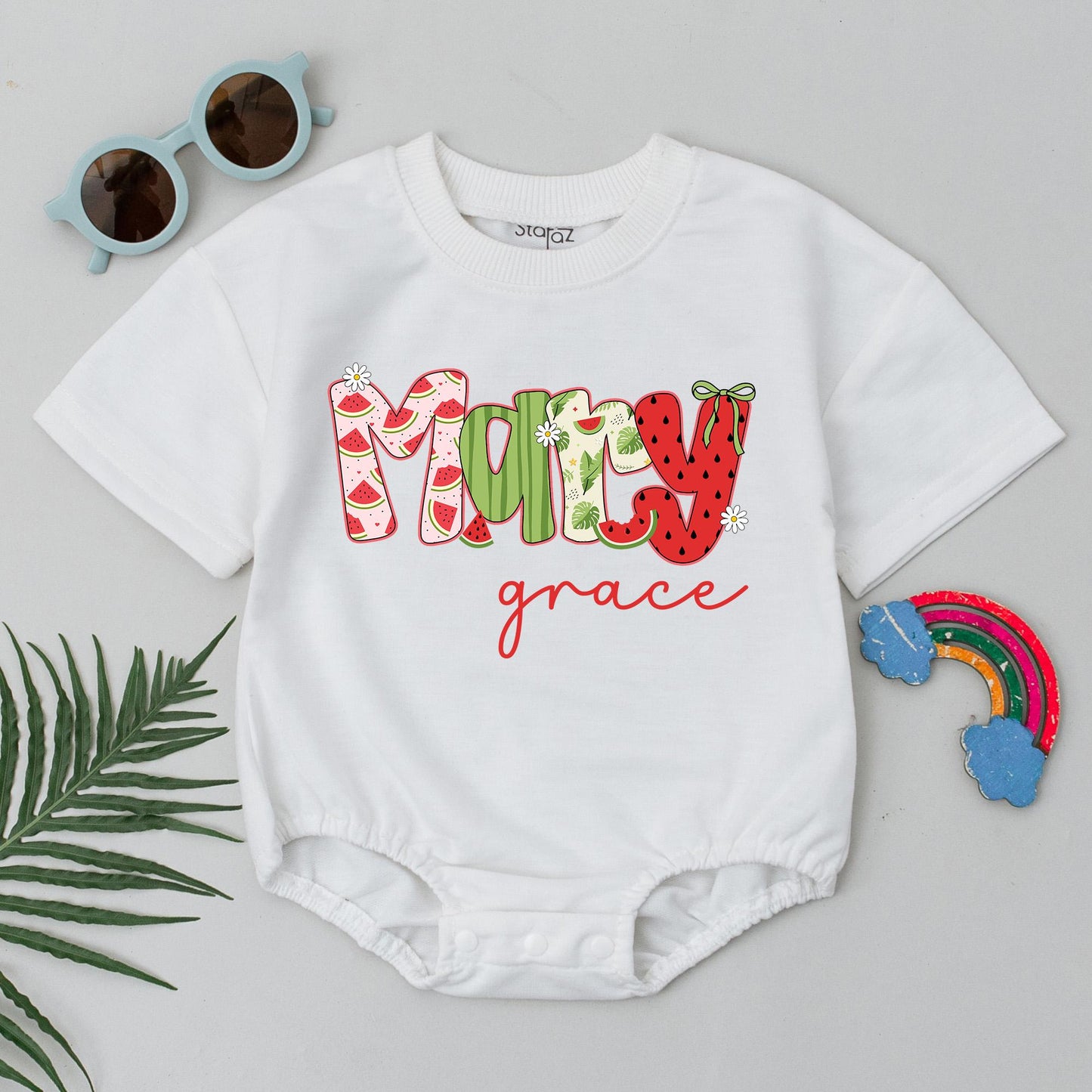 Personalized Mary Grace Baby Bubble Romper Summer Outfit Watermelon Fruit Design Custom Birthday Gift Baby Girl Clothes