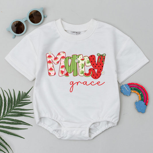 Personalized Mary Grace Baby Bubble Romper Summer Outfit Watermelon Fruit Design Custom Birthday Gift Baby Girl Clothes