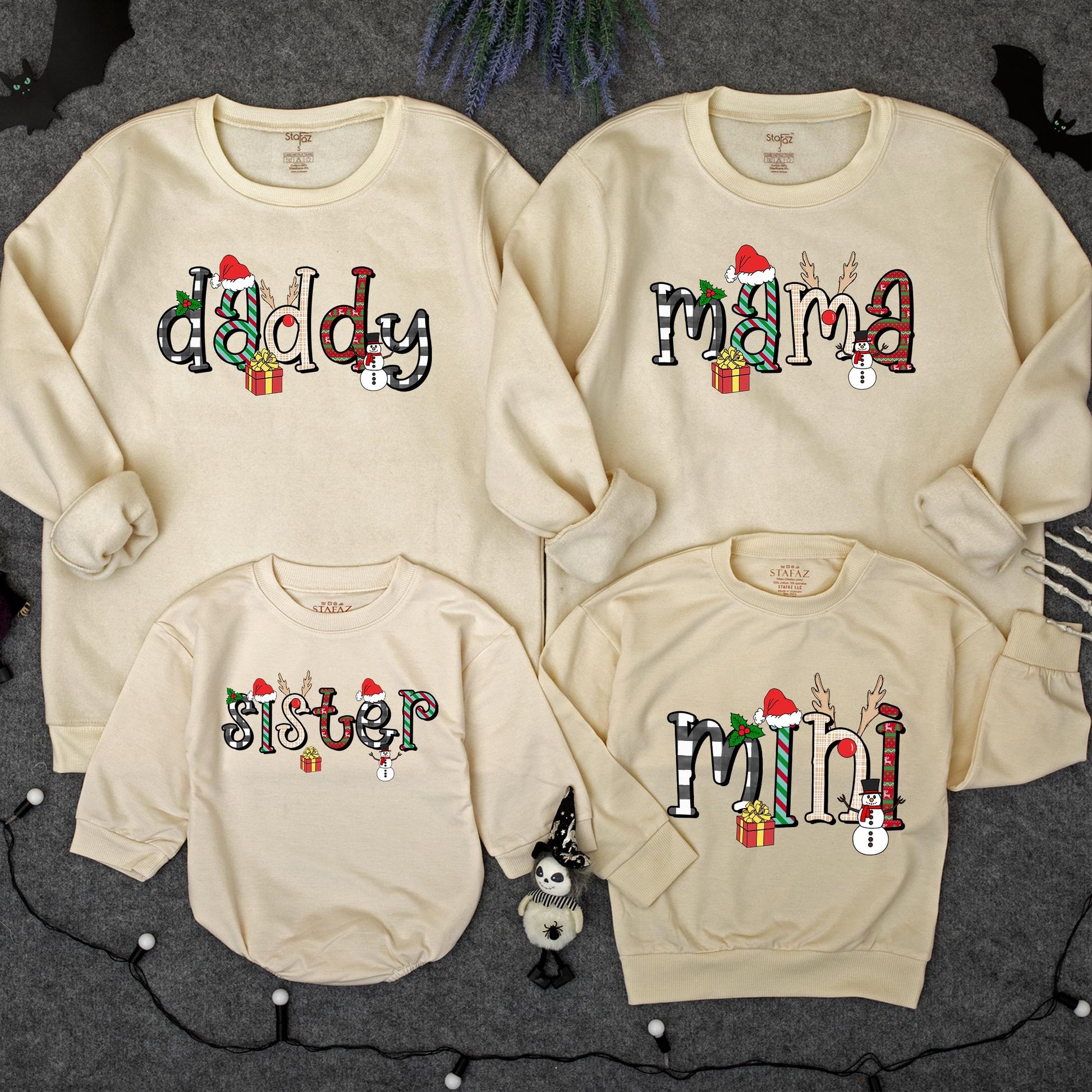 Retro Mama Mini Matching Christmas Sweatshirts Festive Holiday Family Outfit Plaid Stripes Knit Red Green Black White Santa Reindeer Holly Design