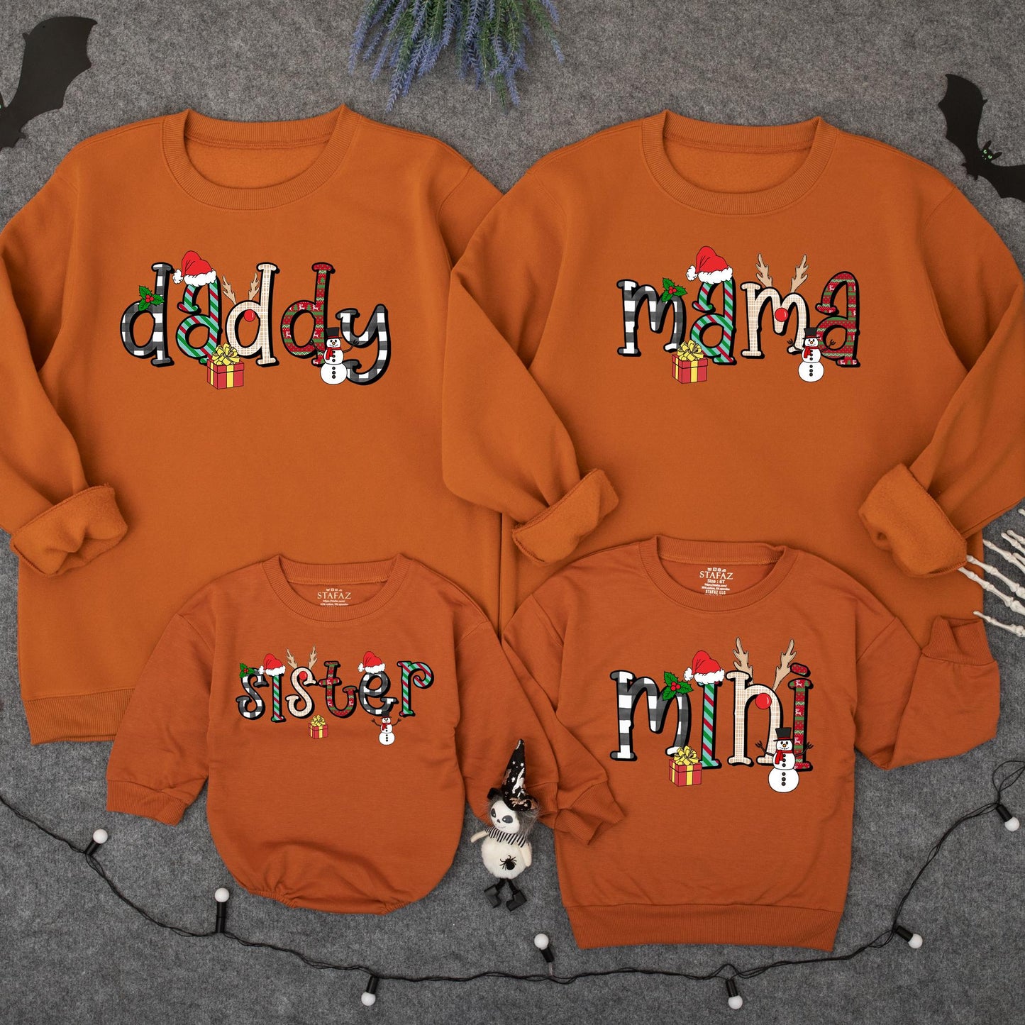 Retro Mama Mini Matching Christmas Sweatshirts Festive Holiday Family Outfit Plaid Stripes Knit Red Green Black White Santa Reindeer Holly Design