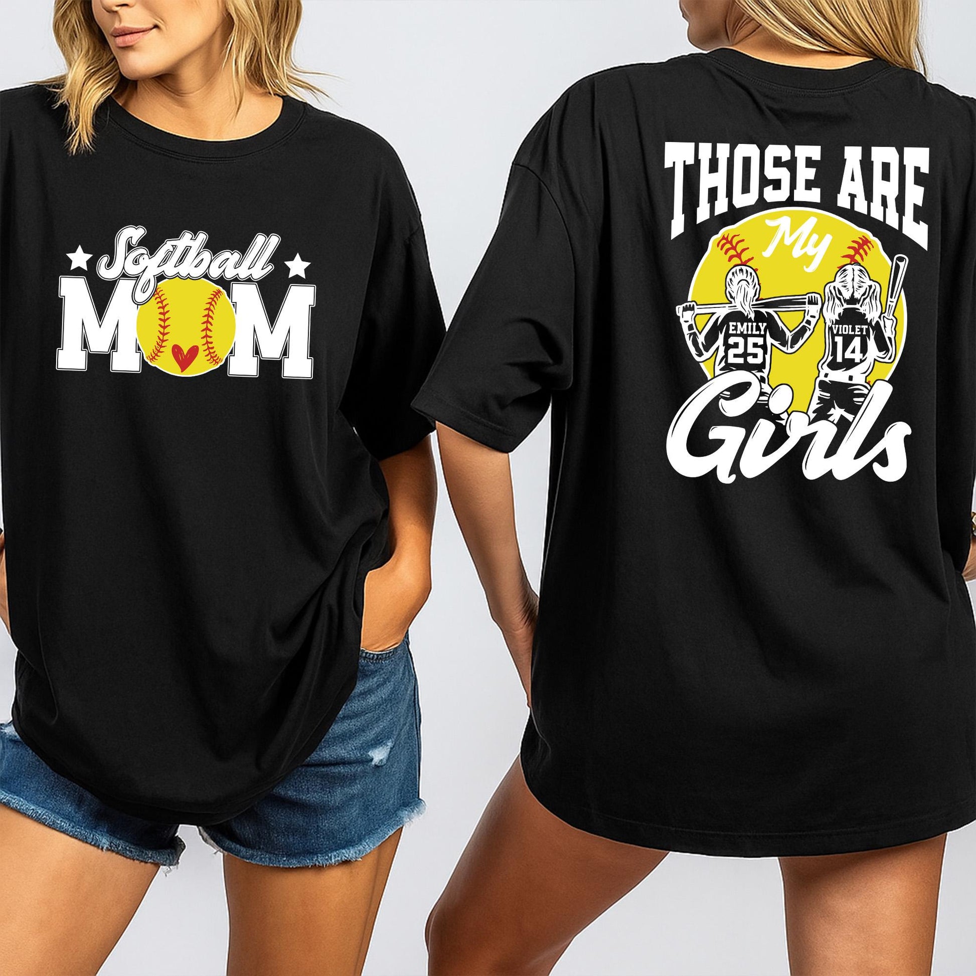 Custom Softball Mom Shirt, Those Are My Girls Tee, Personalized Player Name & Number, Heart Softball Graphic, Game Day Gift, Black & Yellow, Sporty Design