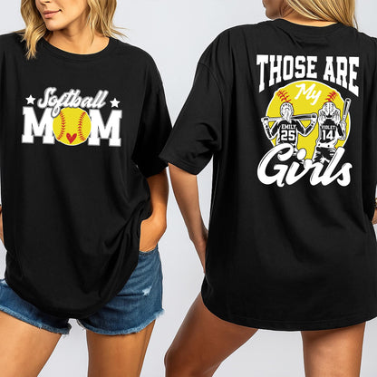 Custom Softball Mom Shirt, Those Are My Girls Tee, Personalized Player Name & Number, Heart Softball Graphic, Game Day Gift, Black & Yellow, Sporty Design
