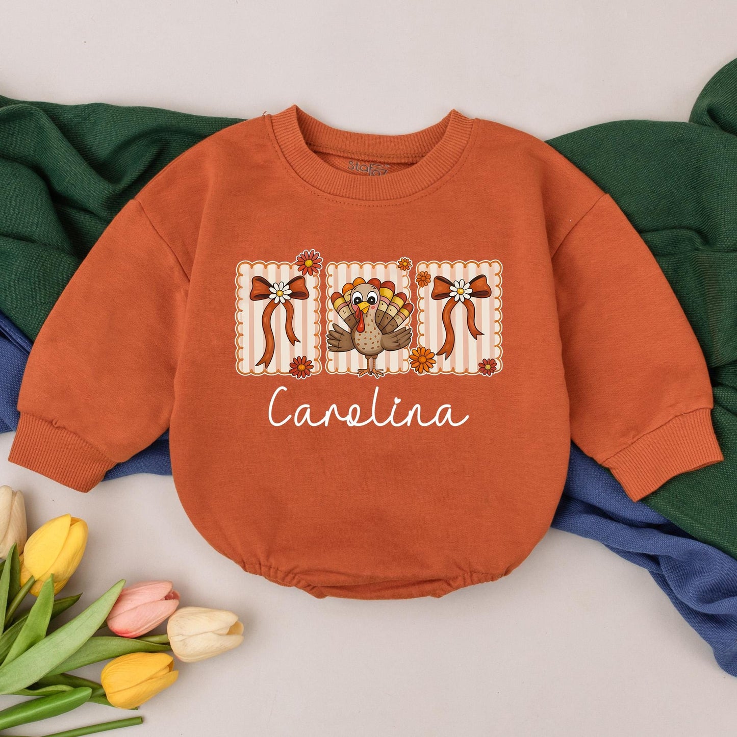 Personalized Carolina Thanksgiving Romper, Retro Turkey Outfit with Scalloped Squares & Flowers, Custom Name Bodysuit, Fall Baby Girl Gift (139 chars)