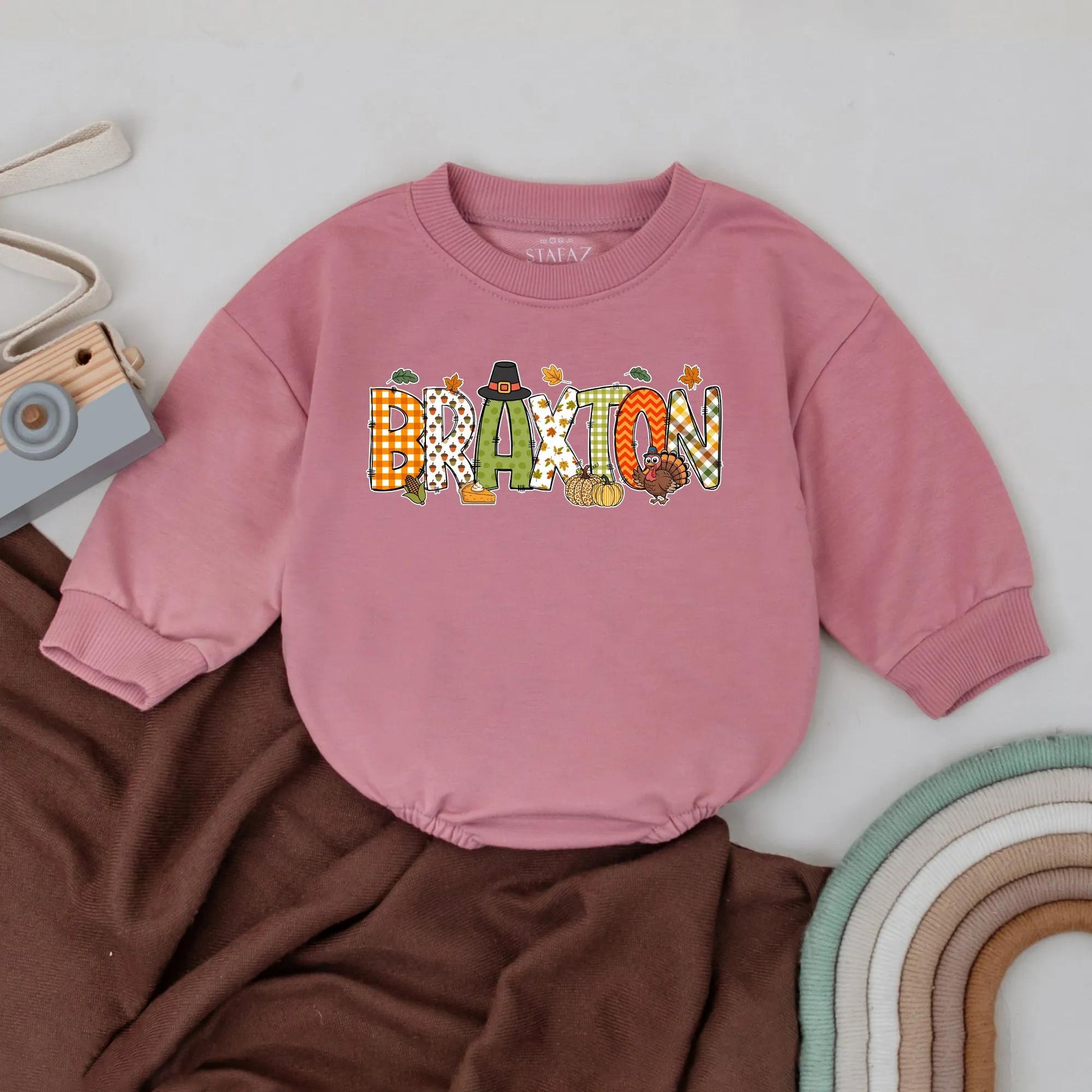 Braxton's First Thanksgiving Romper: Cute Personalized Turkey Day Outfit for Baby, Autumn Leaves Bodysuit, Festive Fall Apparel, Gingham Checks