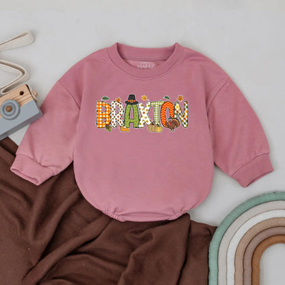 Braxton's First Thanksgiving Romper: Cute Personalized Turkey Day Outfit for Baby, Autumn Leaves Bodysuit, Festive Fall Apparel, Gingham Checks
