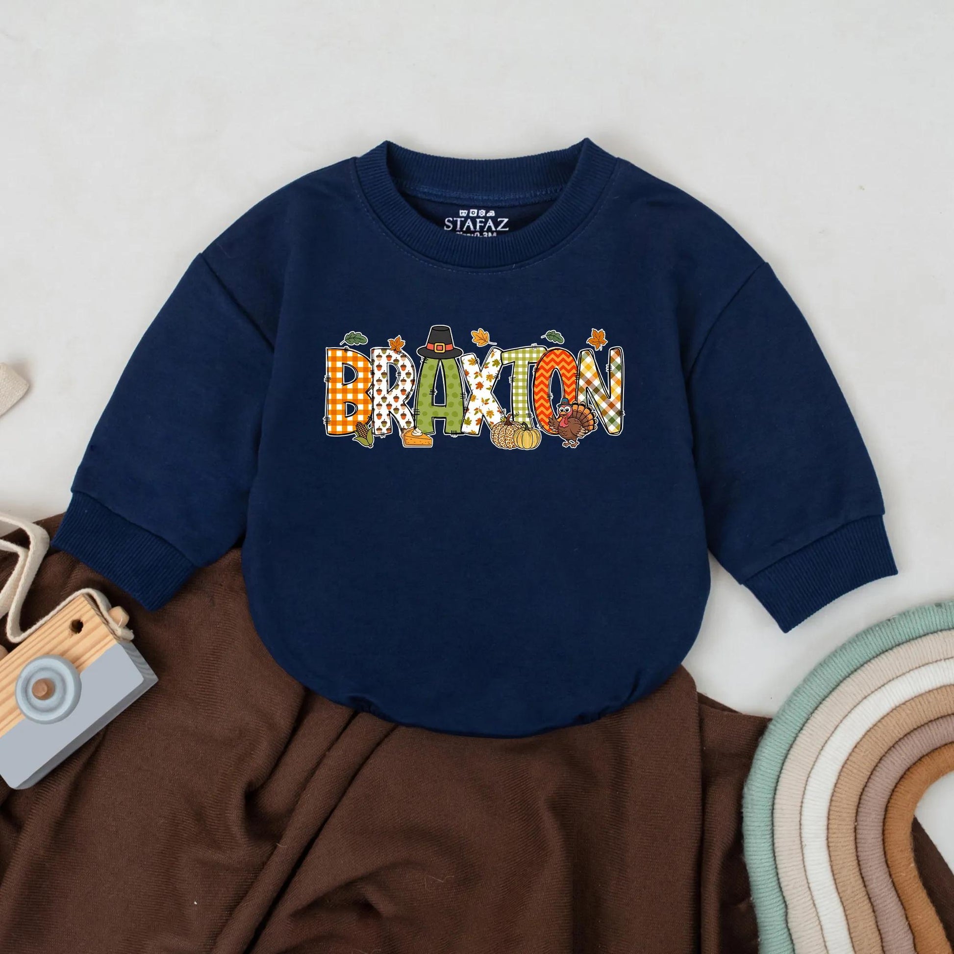 Braxton's First Thanksgiving Romper: Cute Personalized Turkey Day Outfit for Baby, Autumn Leaves Bodysuit, Festive Fall Apparel, Gingham Checks